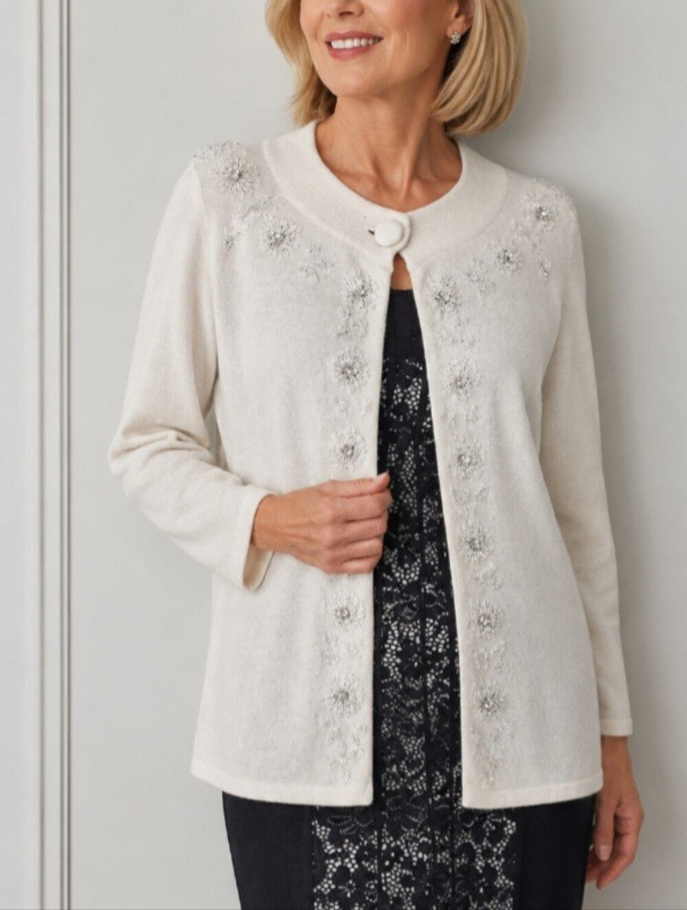 Talbots Cream Lambswool Angora Embellished Cardigan Sweater - Size L